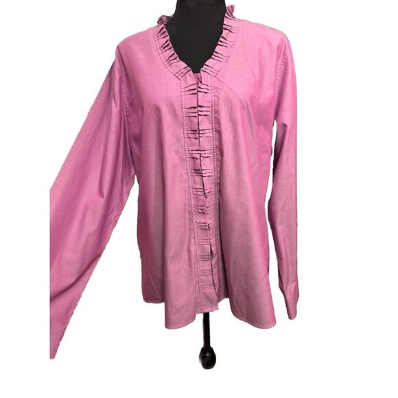 Orvis Blouse 18 Womens Button Up Shirt Ruffle Neck Iridescent Pink Purple Office - Picture 2 of 8
